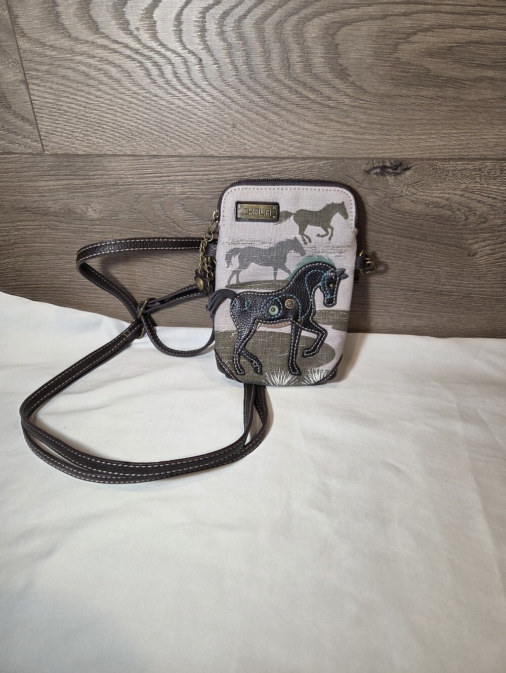 Chala Horse Cell Phone Crossbody Bag Canvas Brown Strap